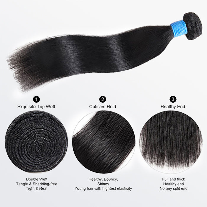 BraidsQueen 10-36 Inch Straight Virgin Brazilian Hair #1B Natural Black