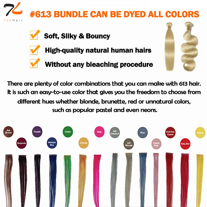 BraidsQueen 12-30 Inch 12A #613 Lightest Blonde Straight Colored Remy Hair