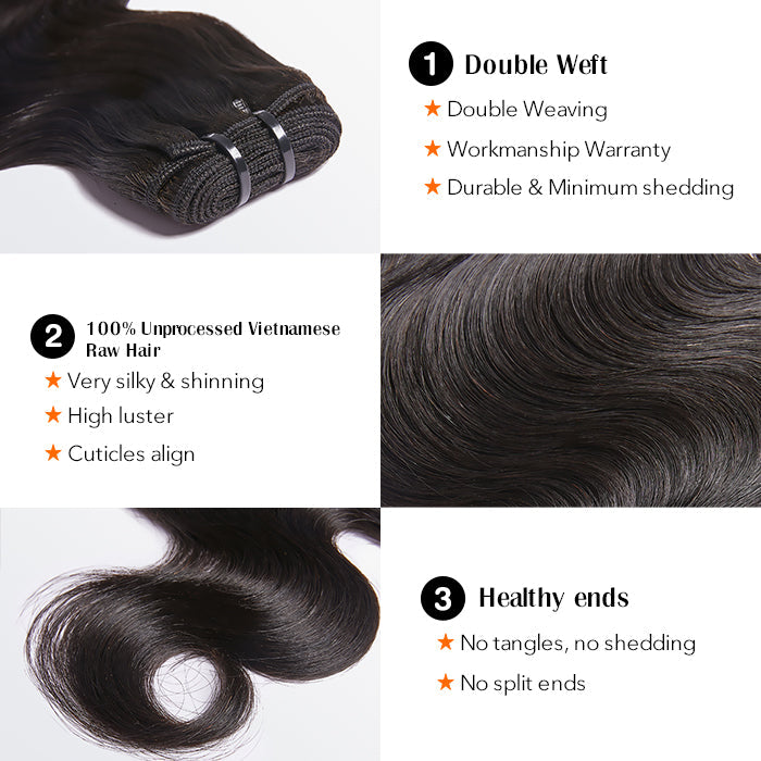BraidsQueen 18-30 Inches Raw Vietnam Hair Bundles Body Wavy #1B Natural Black