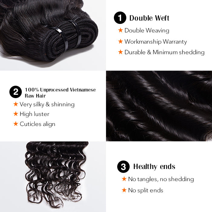 BraidsQueen 18-30 Inches Raw Vietnam Hair Bundles Deep Wavy #1B Natural Black