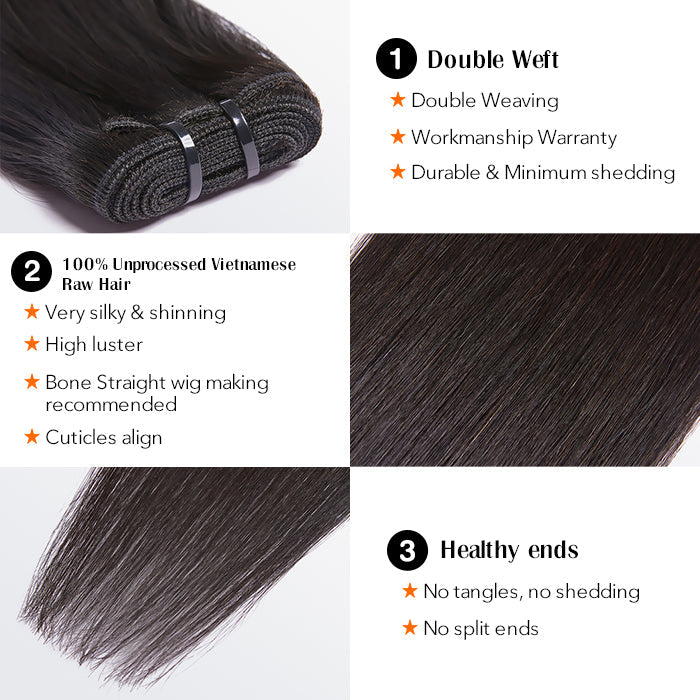 BraidsQueen 18-30 Inches Raw Vietnam Hair Bundles Straight #1B Natural Black