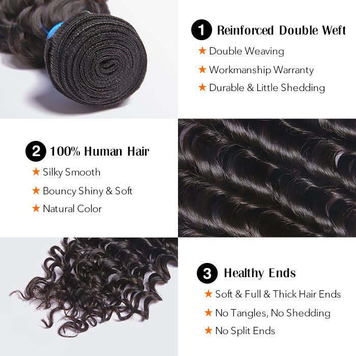 BraidsQueen 10-30 Inch Deep Wavy Virgin Brazilian Hair #1B Natural Black