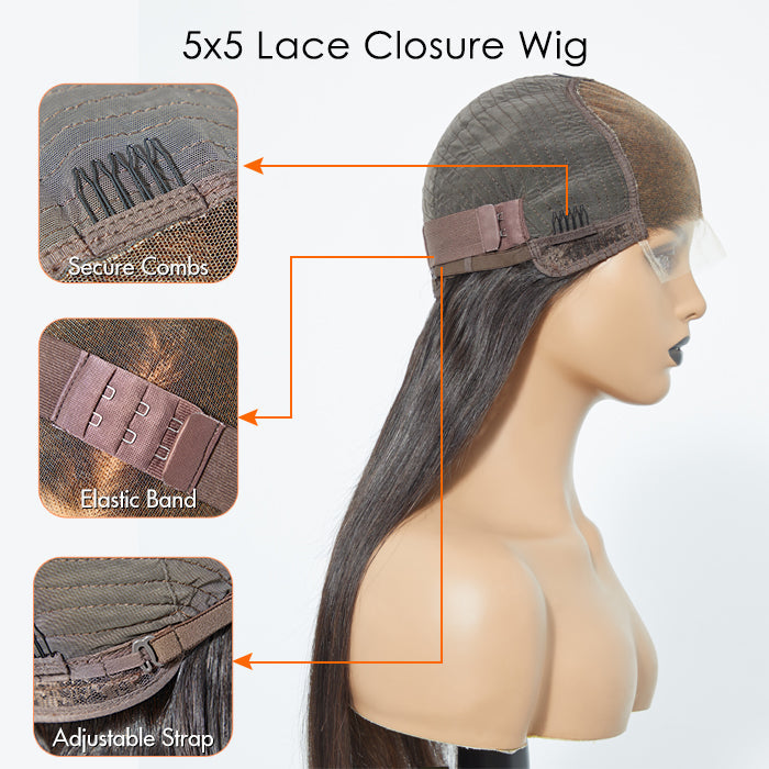 BraidsQueen 5x5 HD Glueless Lace Closure Wig Straight 180% Density